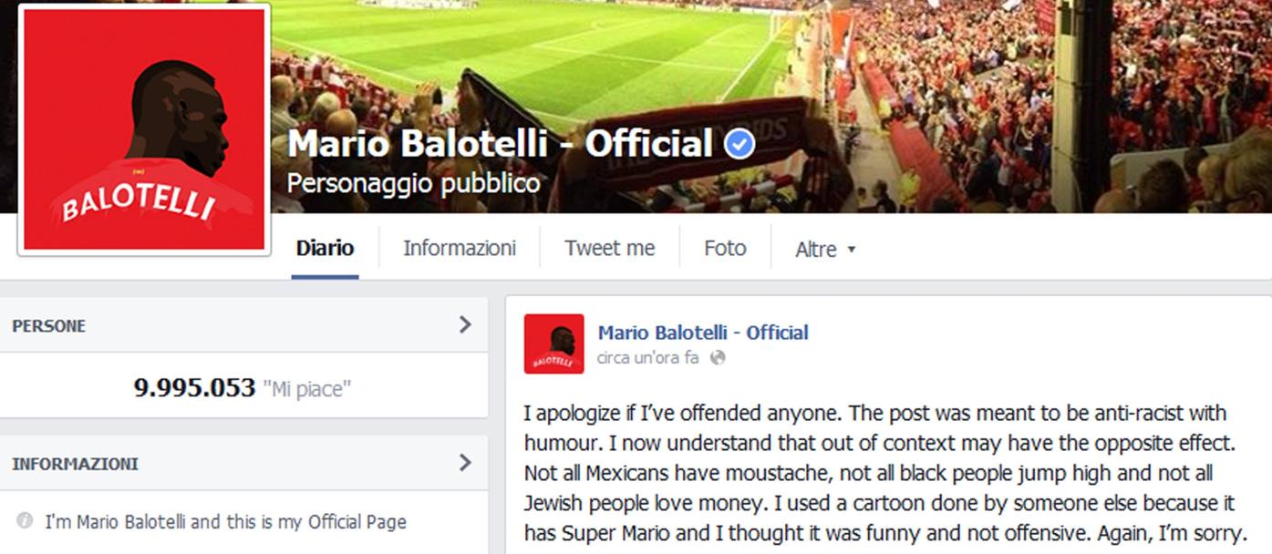 Ecco invece il post su Facebook nel quale Mario Balotelli fa le sue scuse: 